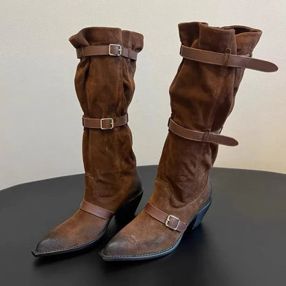 High Heels Long Boots Women Belt Buckle Pointed Toe
