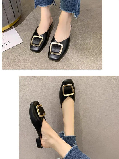 Flat Retro Women Sandals Fashion Spring And Summer Solid Color Round Toe Shoes Non Slip  Simple Metal Women Shoes
