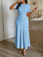 Yellow Textured Knit Midi Dress with Front Buttons and Faux Pockets