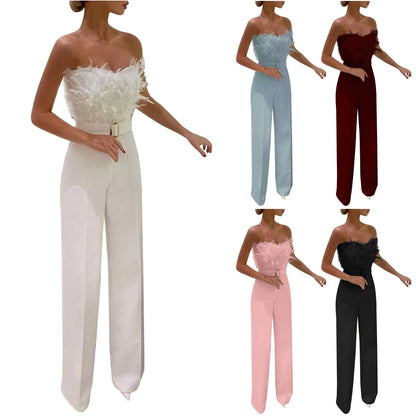 Women Jumpsuit Feather Tube Top Sexy Evening Jump Suits Sleeveless High-waisted Straight Playsuits Night Clubwear Overalls