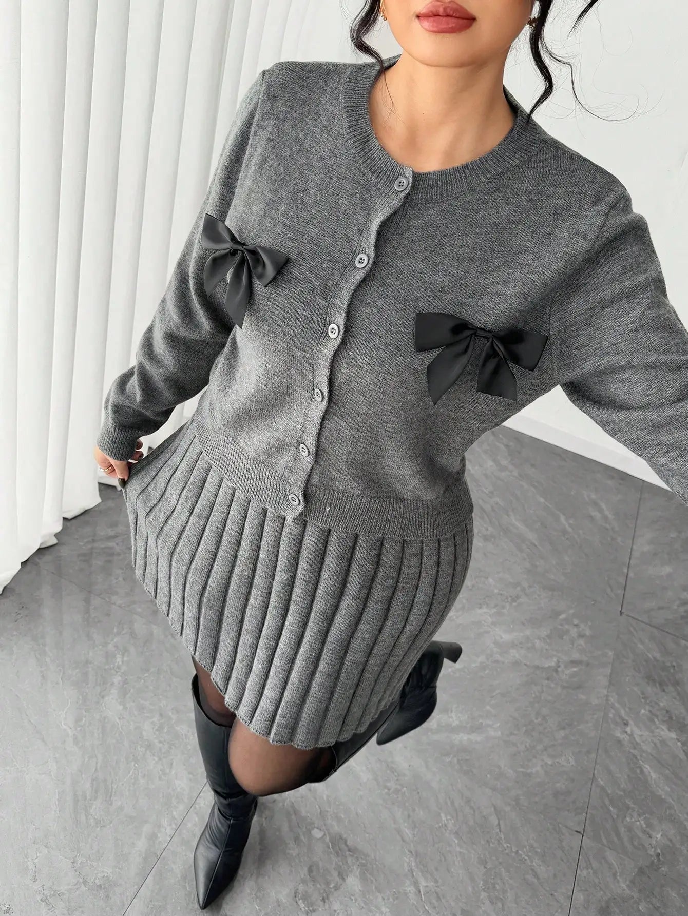 Gray Knit Pleated Skirt Set with Bow-Trimmed Cardigan, Loose Fit