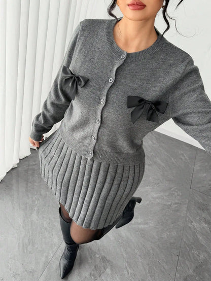 Gray Knit Pleated Skirt Set with Bow-Trimmed Cardigan, Loose Fit