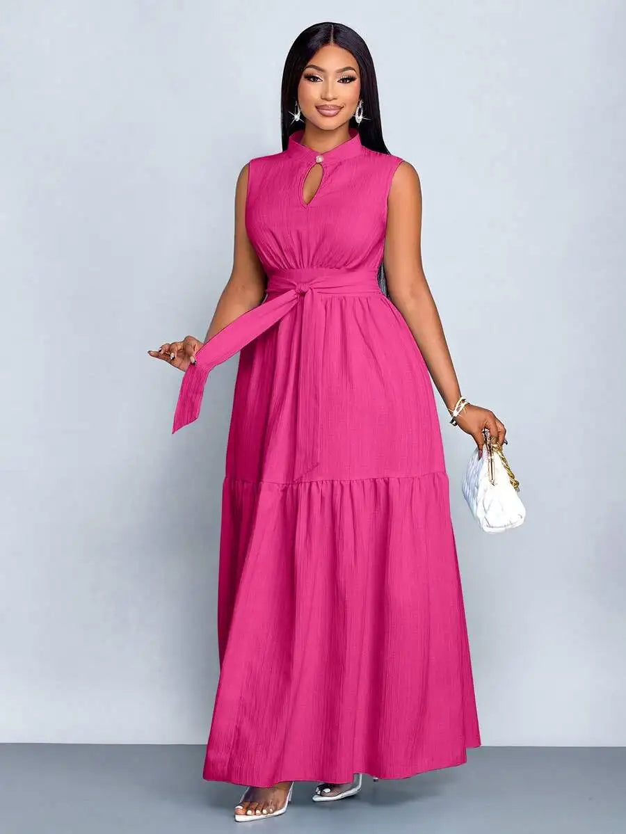 Plus Size Orange Stand Collar Sleeveless Cinched Waist Tiered Maxi Dress Casual Wear