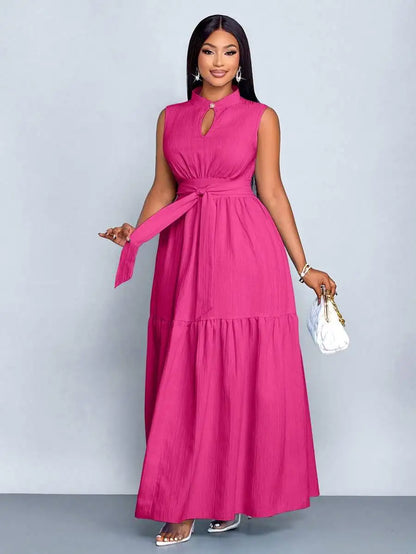 Plus Size Orange Stand Collar Sleeveless Cinched Waist Tiered Maxi Dress Casual Wear