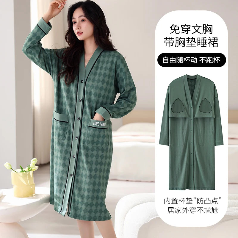 Spring and Autumn Women Nightdress With Chest Pad Femme Cotton Nightwear
