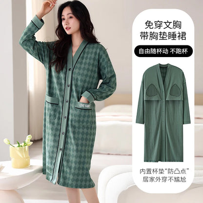 Spring and Autumn Women Nightdress With Chest Pad Femme Cotton Nightwear
