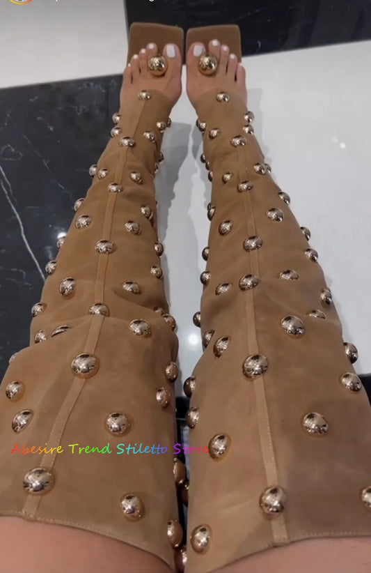 Metal Rivets Embellishment Square Toe High Heel Over The Knee Boot