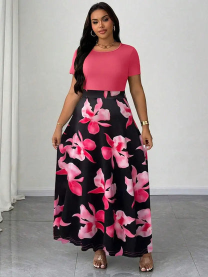 Plus Size Women Botanical Print Round Neck Short Sleeve Maxi Dress
