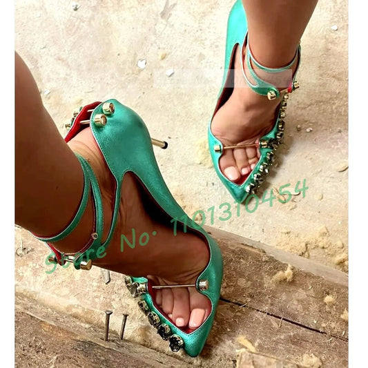 Gems Trim Green Metal Heel Sandals With Metal Nails