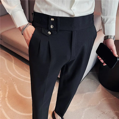 British Style Pants Men High Waist Belt Design