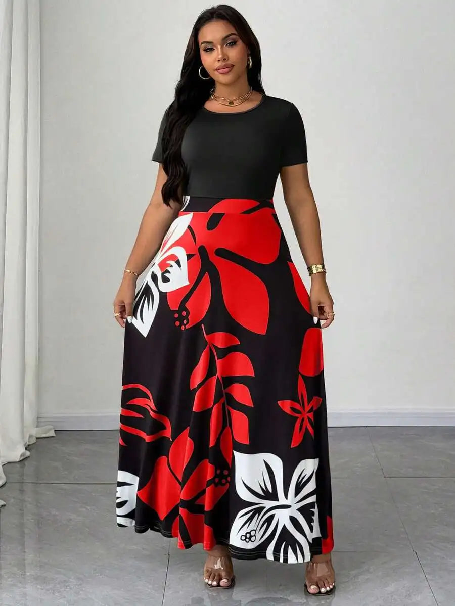 Plus Size Women Botanical Print Round Neck Short Sleeve Maxi Dress