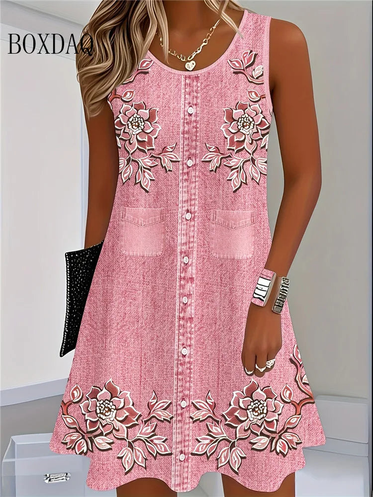 Women Summer Sleeveless Bohemian Dress Fashion Imitate Cowboy Vest  Casual Tank Beach Dresses