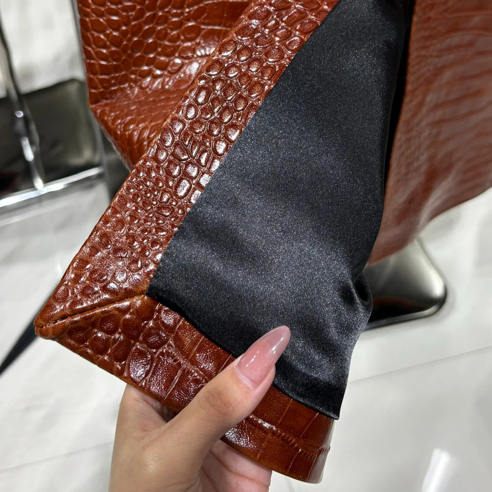Crocodile Textured Leather Coat Long Ladies Real Sheepskin Coat Genuine Sheep Leather