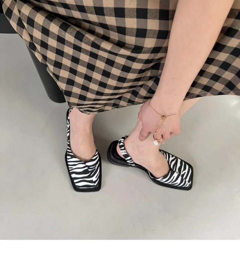 Square Toe Summer Elegant Ladies Sandals  Ladies Elastic Band Flat Heel Women Square Heel