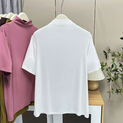 Temperament Half High Neck Solid Color Short Sleeve Tees Plus Size Women's Base T-shirt