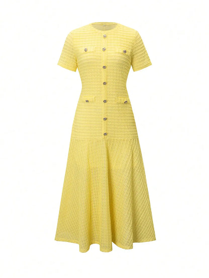 Yellow Textured Knit Midi Dress with Front Buttons and Faux Pockets