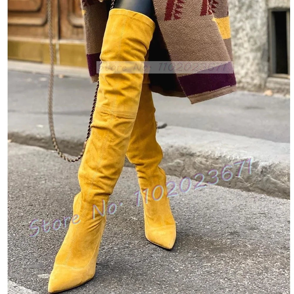 Yellow Suede Splicing Long Boots Women Vintage Streetwear