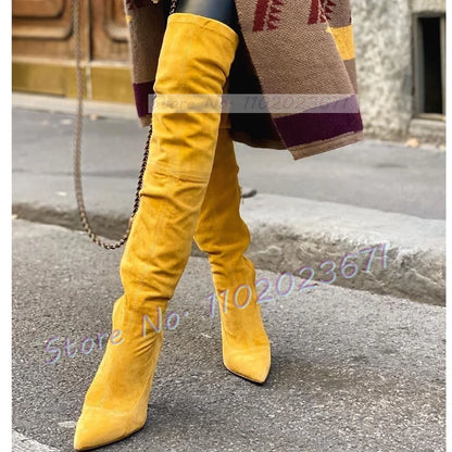 Yellow Suede Splicing Long Boots Women Vintage Streetwear