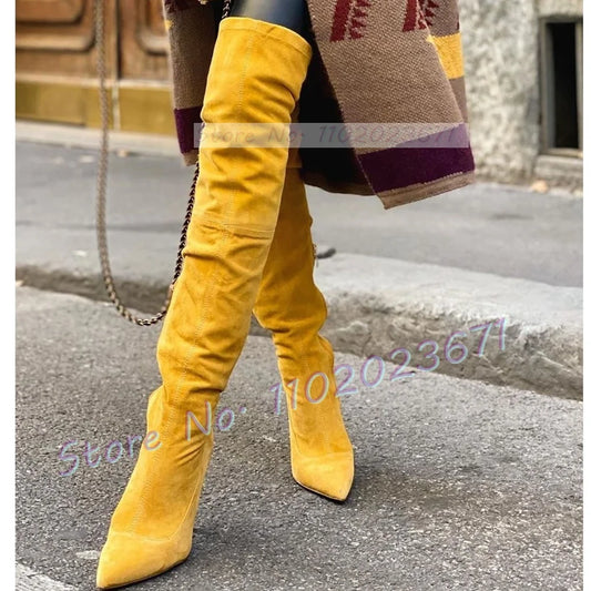 Yellow Suede Splicing Long Boots Women Vintage Streetwear