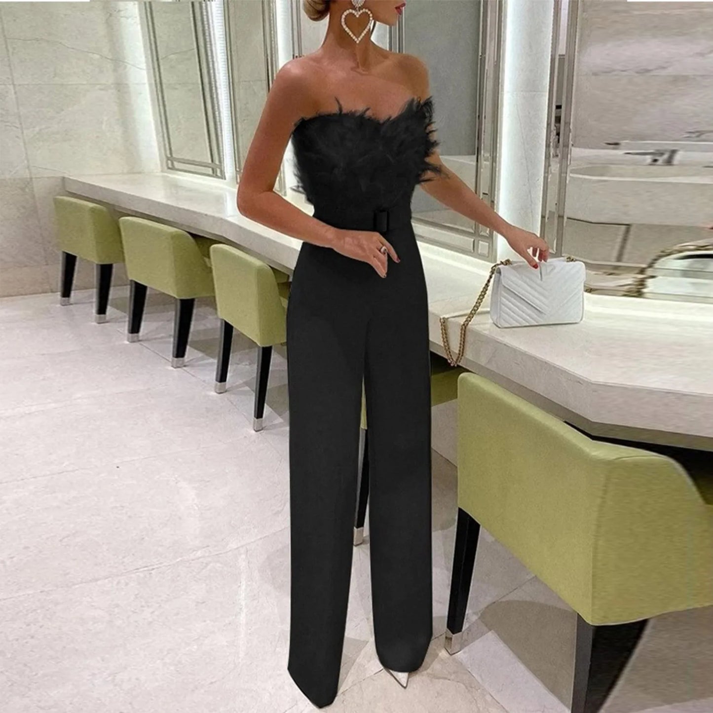 Women Jumpsuit Feather Tube Top Sexy Evening Jump Suits Sleeveless High-waisted Straight Playsuits Night Clubwear Overalls