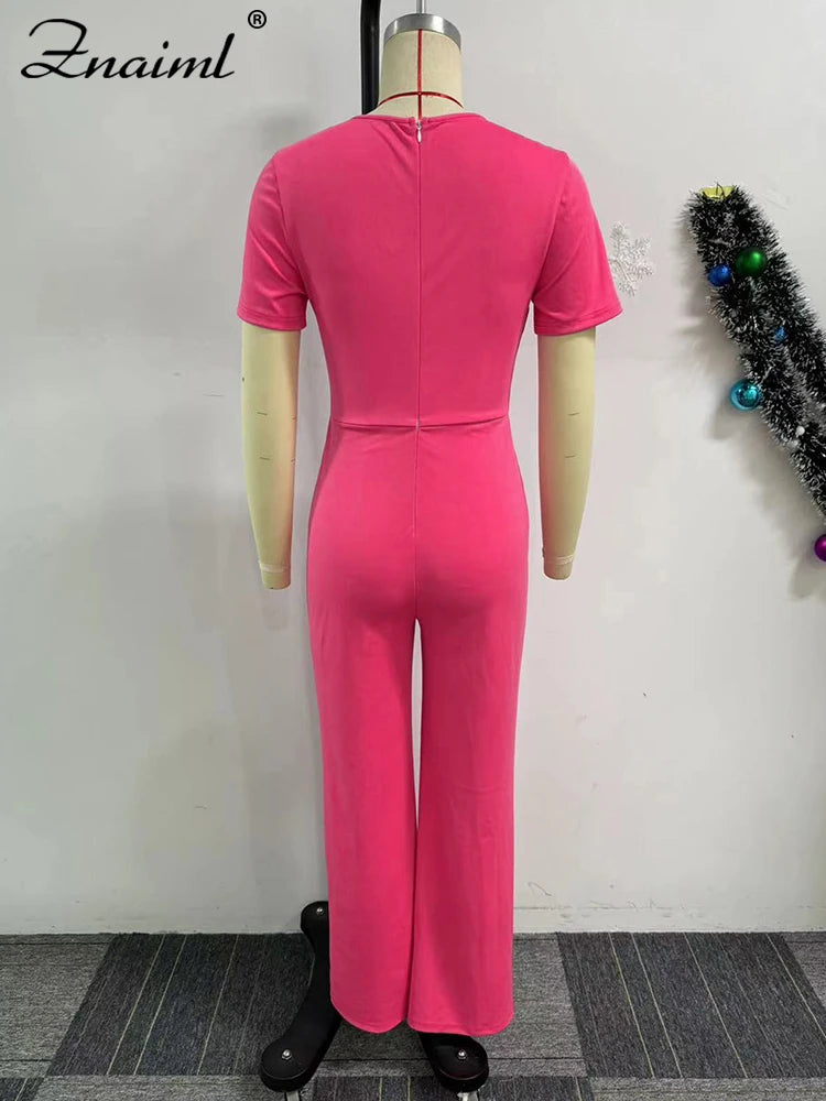 Women Elegant Long Jumpsuits for Party Summer Short Sleeve Buttons Solid Color Wide Leg Pants Rompers One Pieces Overalls