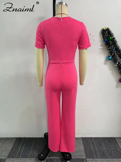Women Elegant Long Jumpsuits for Party Summer Short Sleeve Buttons Solid Color Wide Leg Pants Rompers One Pieces Overalls