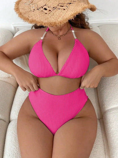 Plus Size Women 2 Piece Solid Color Ribbed Halter Neck Bikini Set For Beach Vacation