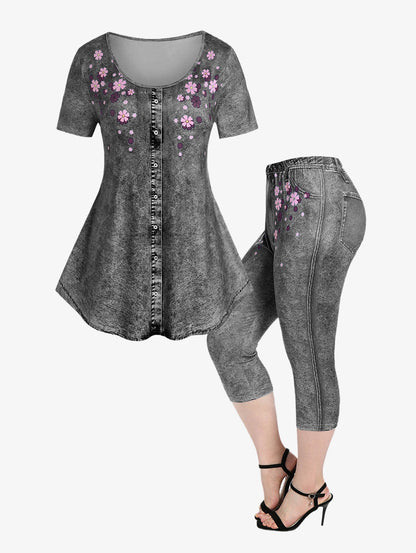 Plus Size 3D Print Tee and Capri Leggings Matching Set for Women Butterfly Floral Pattern Cloth