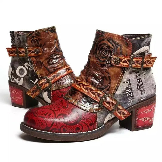 Fashion Vintage Splicing Printed Ankle Boots