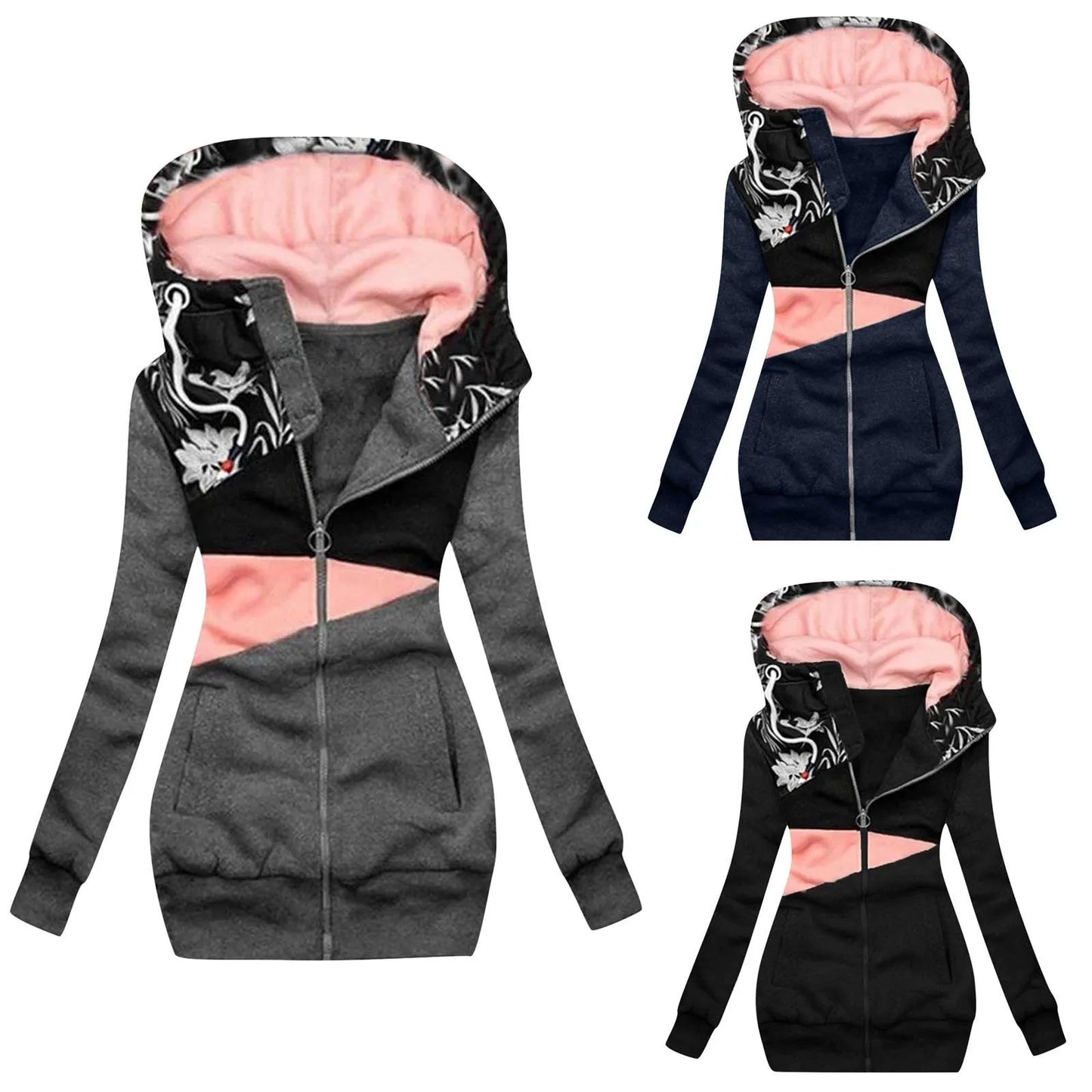 Winter Women Long Sleeve Zipper Hooded