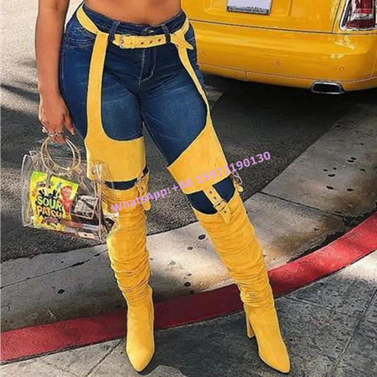 Buckle Belt Hollow Thigh High Boots Solid Chunky Heels