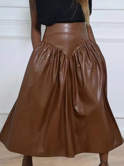 Women Plus Size High Waist Flared Leather Skirt