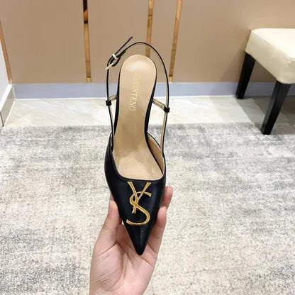 White Elegant Women's Stilettos Summer Fashion Sandals with Metal Buckle Baotou Pointed Back Design