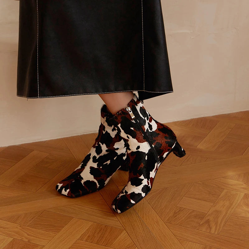Genuine Leather Square Toe Ankle Boots