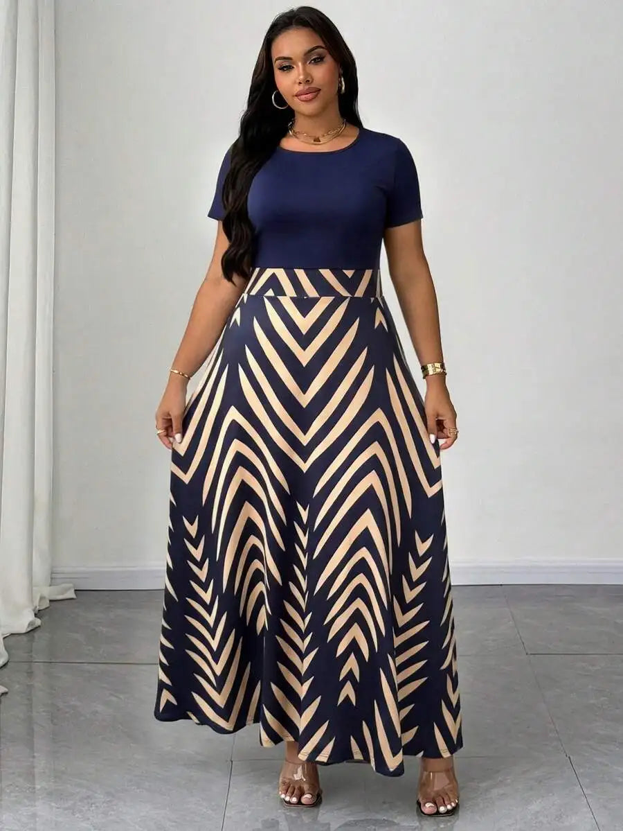 Plus Size Women Botanical Print Round Neck Short Sleeve Maxi Dress