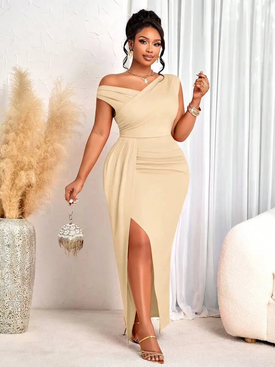 Women Elegant Fitted Long Dress Beige Asymmetrical Neck High Slit Formal Party