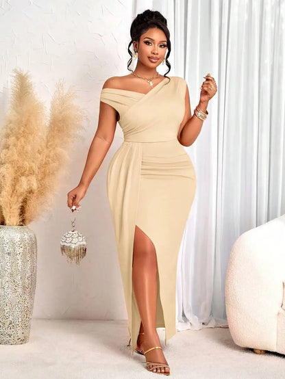 Women Elegant Fitted Long Dress Beige Asymmetrical Neck High Slit Formal Party