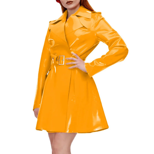 Women's Shiny PVC Leather Belted Trench Coat, Turn-down Collar Coats, Large Size, Latex Look Jackets