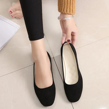 Women Suede Square Flat Heel Shallow Female Shoes Spring Summer  Basic Concise Women Shoes
