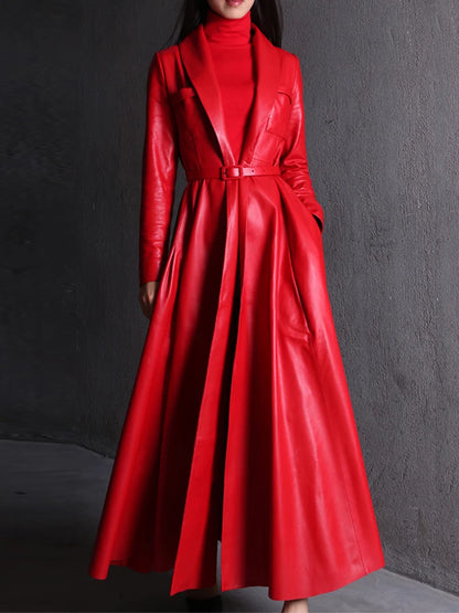 Red Black Maxi Pu Leather Trench Coat for Women Extra Long Skirted