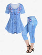Plus Size 3D Print Tee and Capri Leggings Matching Set for Women Butterfly Floral Pattern Cloth