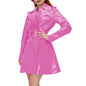 Women's Shiny PVC Leather Belted Trench Coat, Turn-down Collar Coats, Large Size, Latex Look Jackets