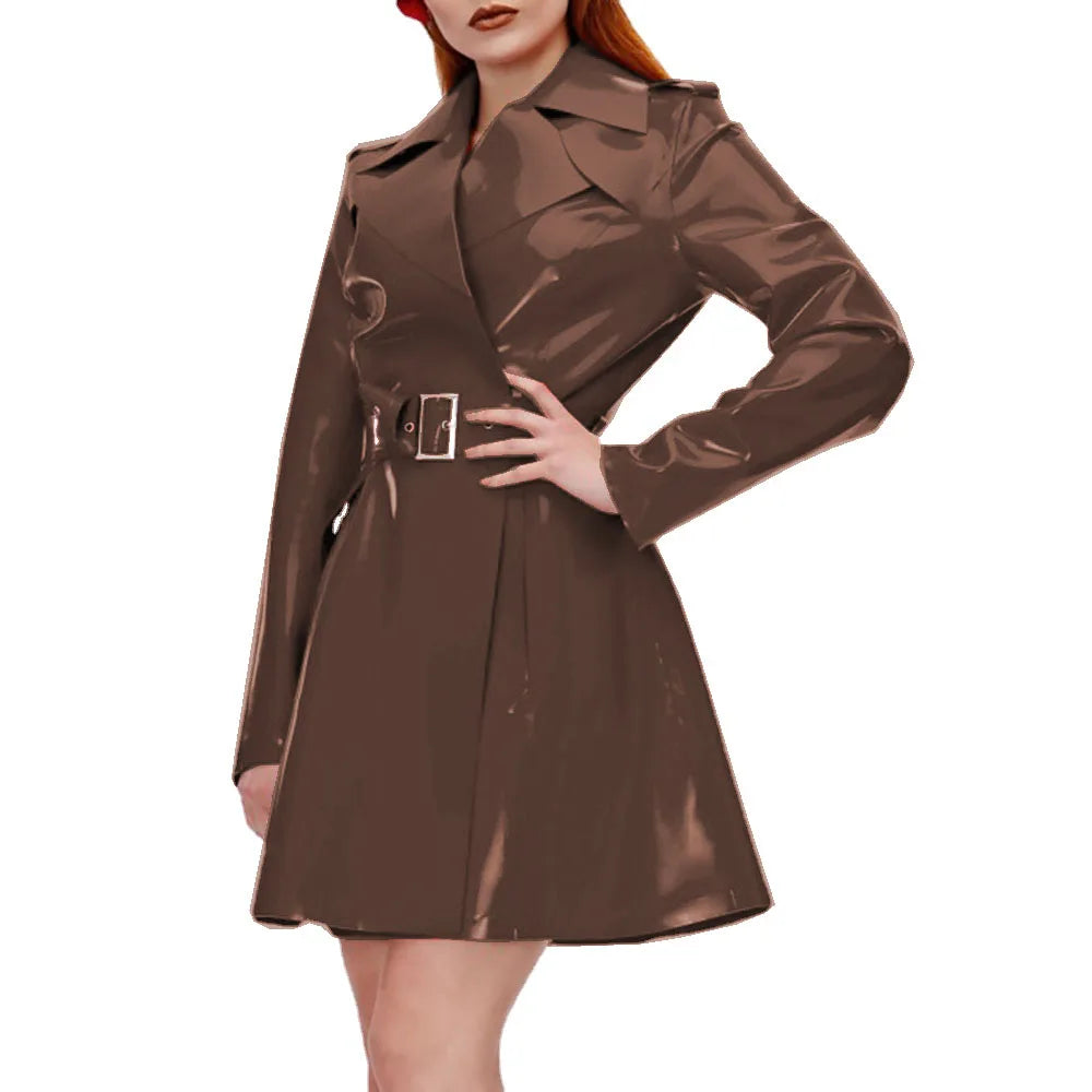 Women's Shiny PVC Leather Belted Trench Coat, Turn-down Collar Coats, Large Size, Latex Look Jackets