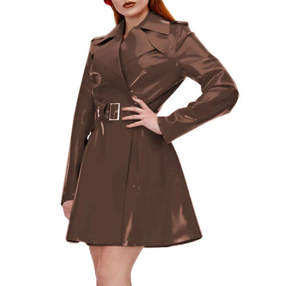Women's Shiny PVC Leather Belted Trench Coat, Turn-down Collar Coats, Large Size, Latex Look Jackets