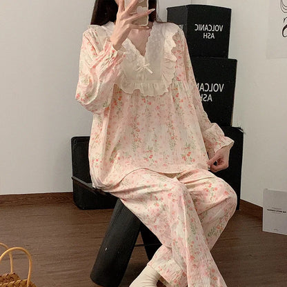 Women`s Lace Flower 2 Piece Pajamas Set V-neck Ruffled Nightwear Clothes
