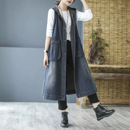 Women's Mid Length Loose Fit  Denim Vest with Hood Large Pockets