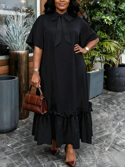 Elegant Women Straight Dress Bow Collar Short Sleeves Loose Long Ruffles Hem Africa Simple Solid Church Causal