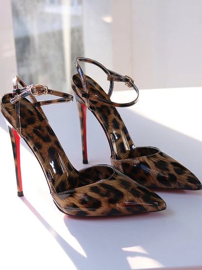 Red background leopard print high-heeled sandals with a straight buckle
 pointed toe  and sexy big size 12CM