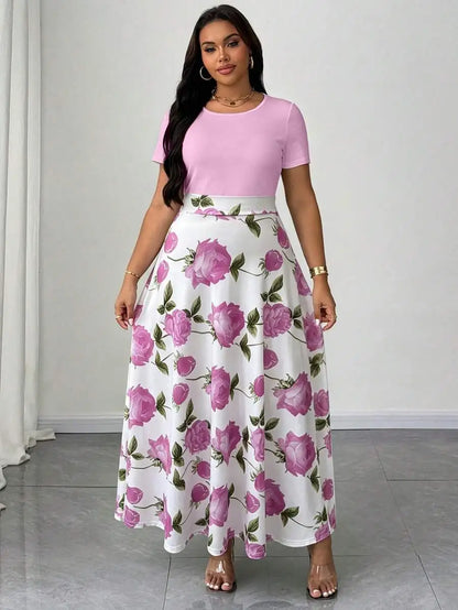 Plus Size Women Botanical Print Round Neck Short Sleeve Maxi Dress