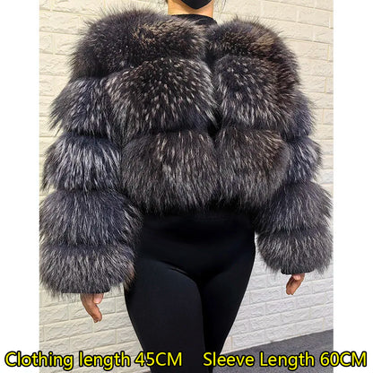 Real Fur Coat Women Natural Raccoon Fur Jacket  Long Sleeve With Hat